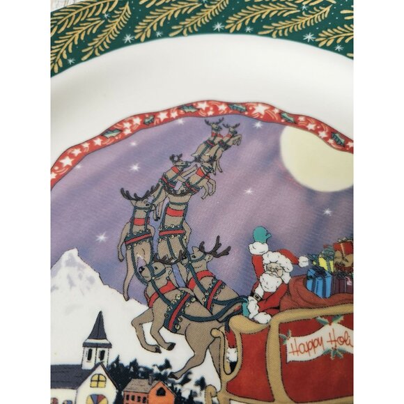 Homer Laughlin turano sleigh scene reindeer green 12-in dinner plate Xmas - Picture 4 of 6